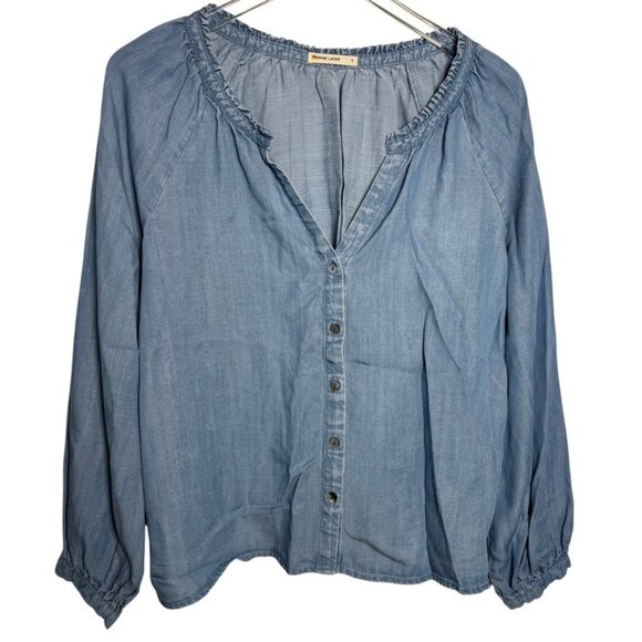 Marine Layer Chambray Button Down Shirt Women's Size small ruffled trim tencel - Picture 9 of 9